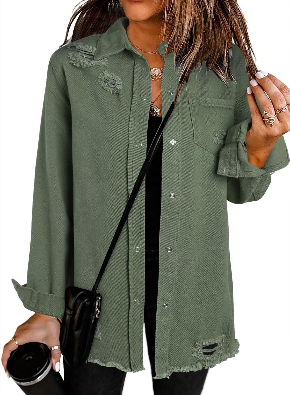 Dokotoo Jean Jacket Women Fashion Fall Country Concert Outfits Casual Long Sleeve Denim Shirt Distressed Boyfriend Denim Jacket Shackets Western Jean Jacket Womens Clothing Green Jackets S
