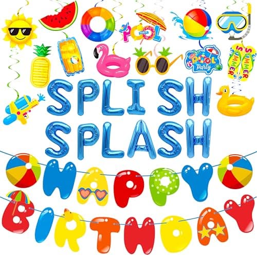 Splish Splash Birthday Bash Party Supplies Splish Splash Balloons Beach Happy Birthday Banner Summer Pool Party Hanging Swirls for Boys Hawaiian Summer Pool Beach Party Decorations