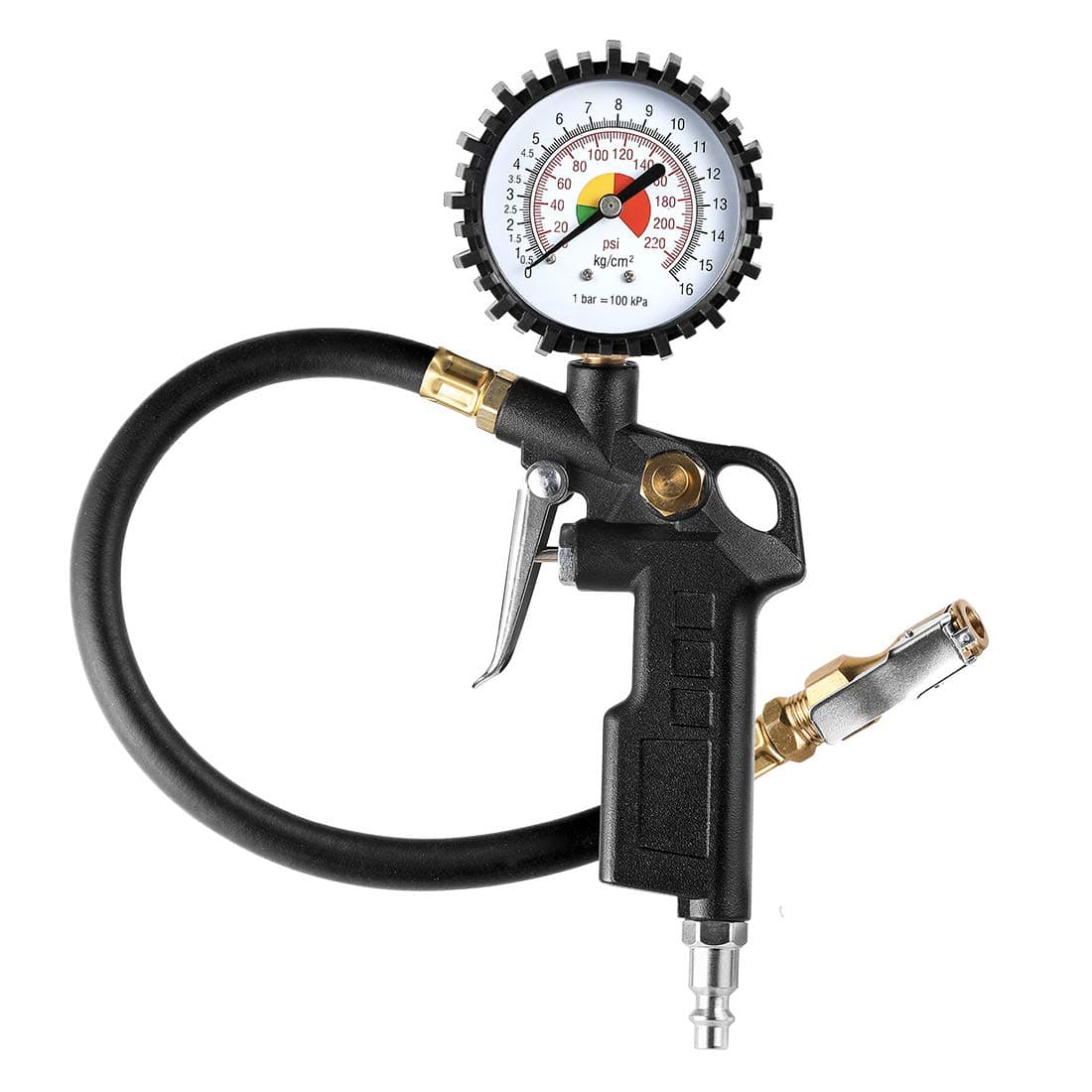 CZC AUTO Tire Inflator Deflator Air Pressure Gauge with Rubber Hose 212 Dial Wheel Inflator Gage with Straight Brass Lockon Chuck Compatible with Air Pump Compressor for RV Car Motorcycle Bike