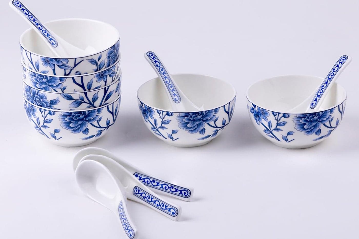 GOLDEN QUEENs Premium Ceramic Soup Bowls And Spoons Set Of 6DurableStylish And Microwave Safe6 Inch WidePerfect For Serving SoupSaladDesserts Or Cereals Sapphire Bloom Soup Set250 ml