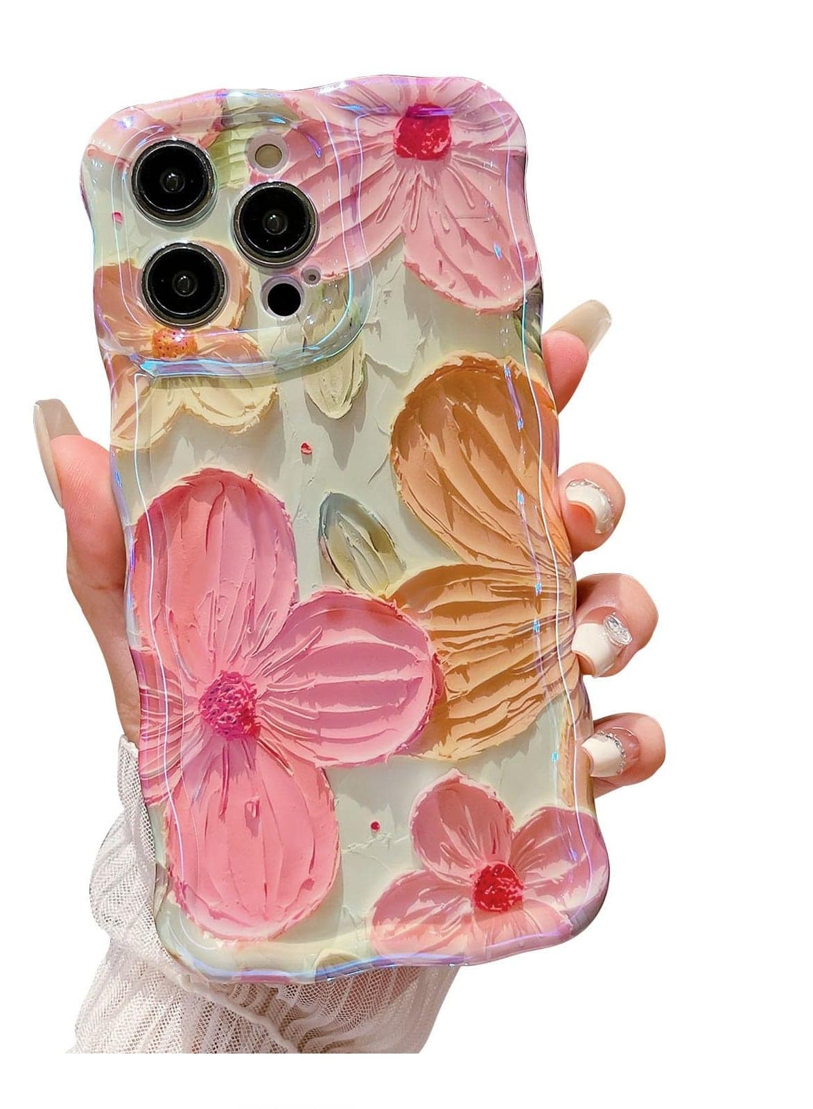 C for iPhone 15 Pro Max Case, Colorful Retro Oil Painting Flower Curly Wave Border Floral Case for Women Girls, Camera Protection Soft Shockproof Cover Case for iPhone 15 Pro Max - Pink