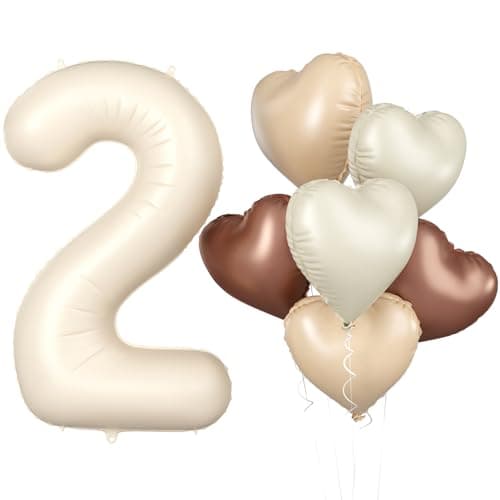 Biapian 40 Inch Cream Number 2 Balloons Large 2nd Birthday Balloons with 18 Foil Heart Balloon for Boys Girls Baby Shower Party Decor