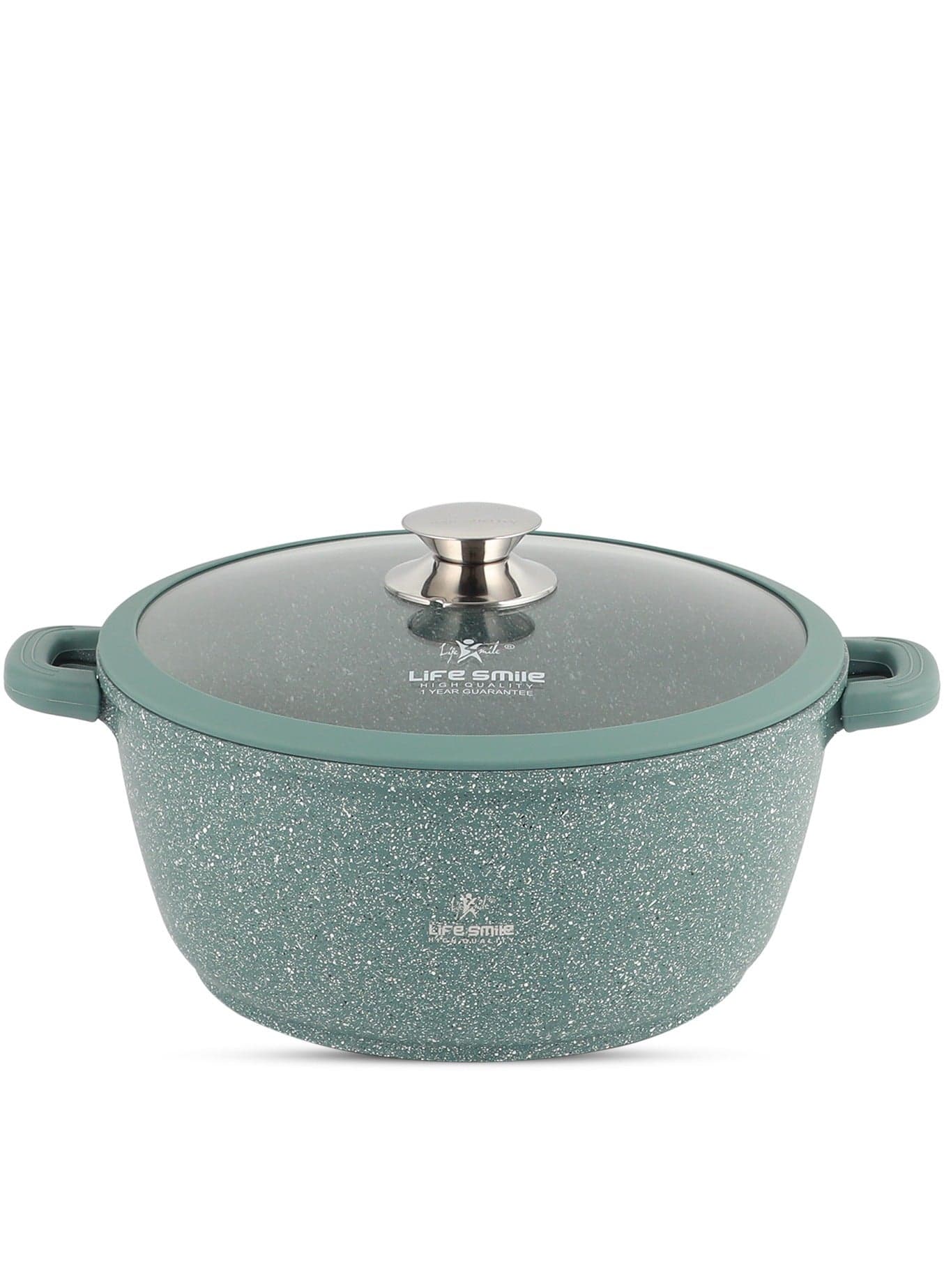 24cm (4.1 Liter) LIFE SMILE Cooking Pot - Multi Layer Non Stick Granite Coating 100% PFOA Free - Glass Lid With Silicone Rim - Detachable Silicone Handles - oven safe (Green)