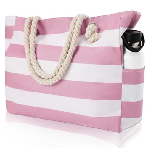 fauson Beach Bags for Women - Large Beach Tote Bag Waterproof Sandproof with Zipper, Swiming Pool Bag (Pink)