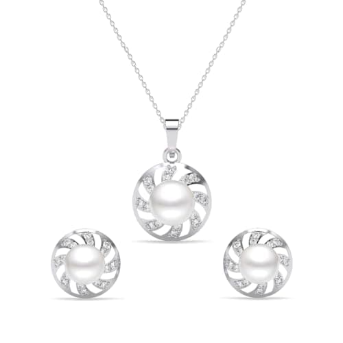 Clara 925 Sterling Silver Damsa Real Pearl Pendant Earrings Chain Necklace Jewellery Set | Platinum Plated, Swiss Zirconia |Gift for Women and Girls