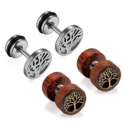 Cupimatch Womens Mens Earrings, 2 Pairs Stainless Steel Wood Tree Hoop Earrings Studs Set for Halloween