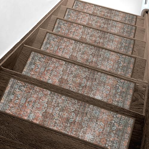 sarben Carpet Stair Treads Non Slip 15PCS, 8" X 30" Edging Stair Runner for Wooden Steps Indoor, Resistant Stair Rug with Reusable TPE Adhesive Backing, Residue Free Mat for Elders, Pets, Terracotta