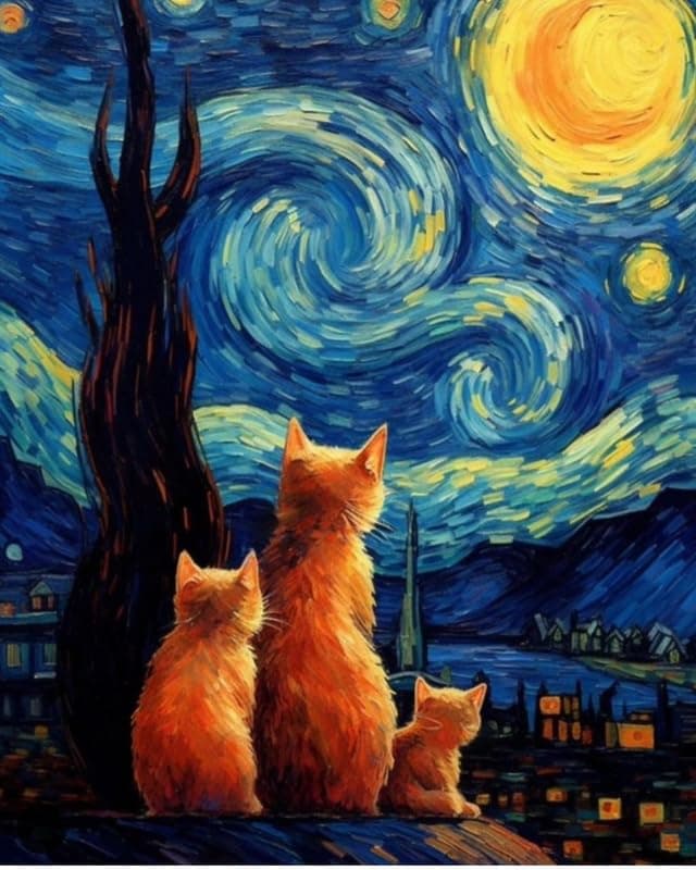 TULIP N TURTLE Starry Night Cat Diy Acrylic Paint By Number Kit For Beginner Number Painting Kit Diy Canvas Painting By Number Wall Decoration Diy Painting Kit ,Multi-Coloured
