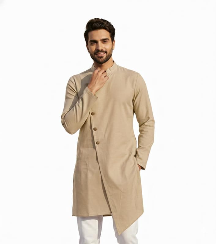 OOMPH! Men's Ethnic Traditional Asymmetric Kurta | High Neck Full Sleeves | Traditional Indian Festive Kurta | Stylish Casual and Wedding Beige
