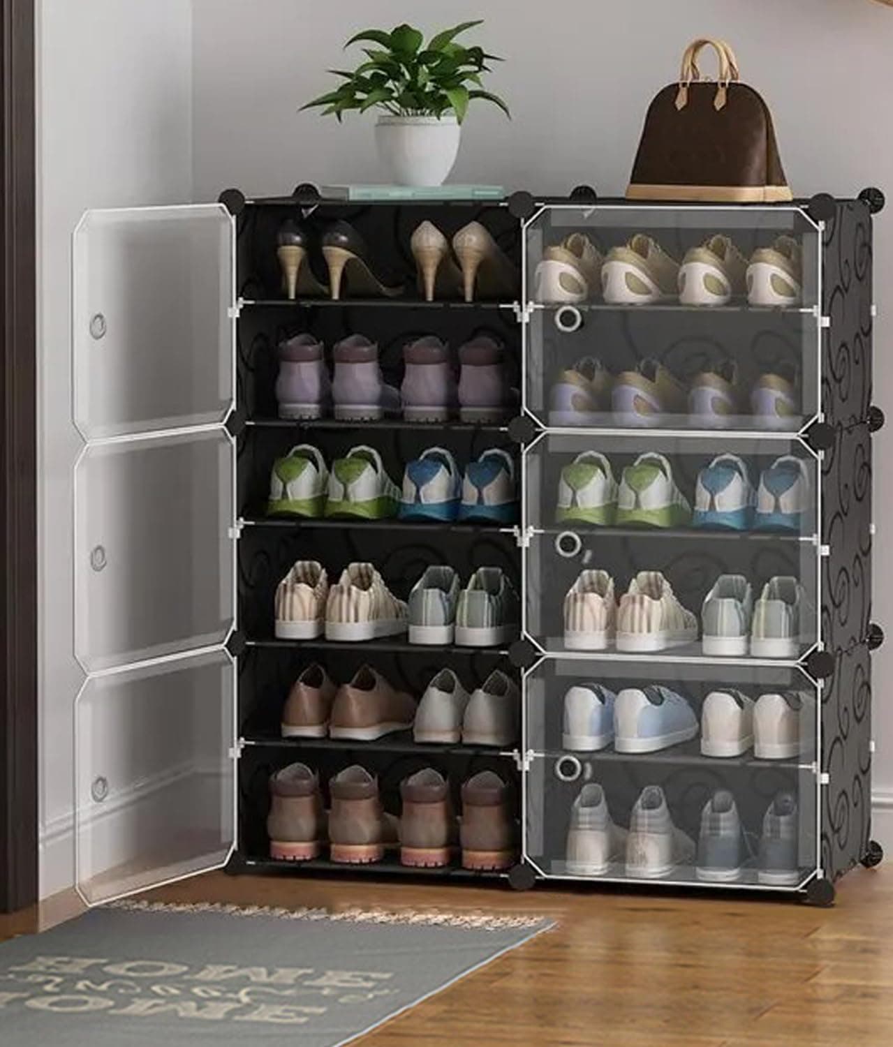 Zemic DIY Shoe Storage Cabinet Plastic Shoe Rack Organiser to 30 Pair Shoes Foldable Shoe Storage with Shelves and Door for All Kinds of Shoes Books Toys and Clothing 12Shelf Black