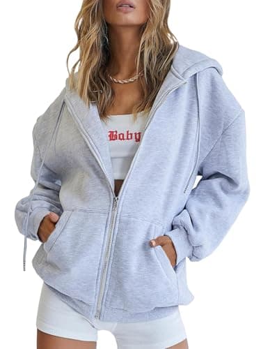 Trendy Queen Womens Zip Up Hoodies Oversized Sweatshirts Fall School Fashion Outfits Casual Jackets 2025 Winter Clothes Grey M