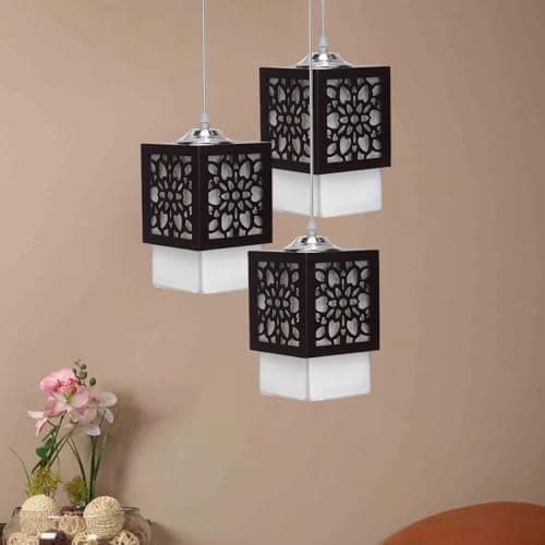 SINOMAN Board-Wood Laser Cut Flower Design Hanging Ceiling Pendant Light for Living Room/Bedroom/Kitchen/Over the Dining Table (Star 3LP, with Bulb)