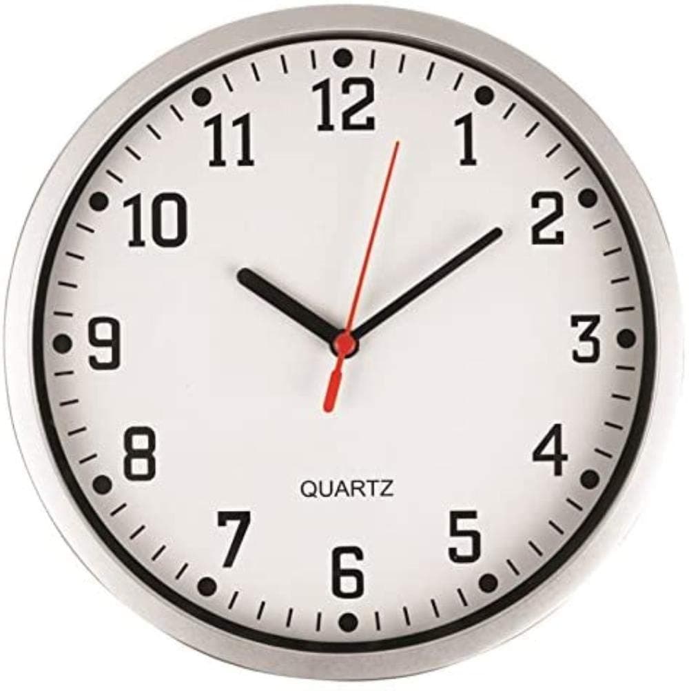 REAL ACCESSORIES Stylish Modern Wall Clock with Silver Frame White Dial Easy Readable Big Numbers Ideal for Any Room in Home Office School Caravan Garage