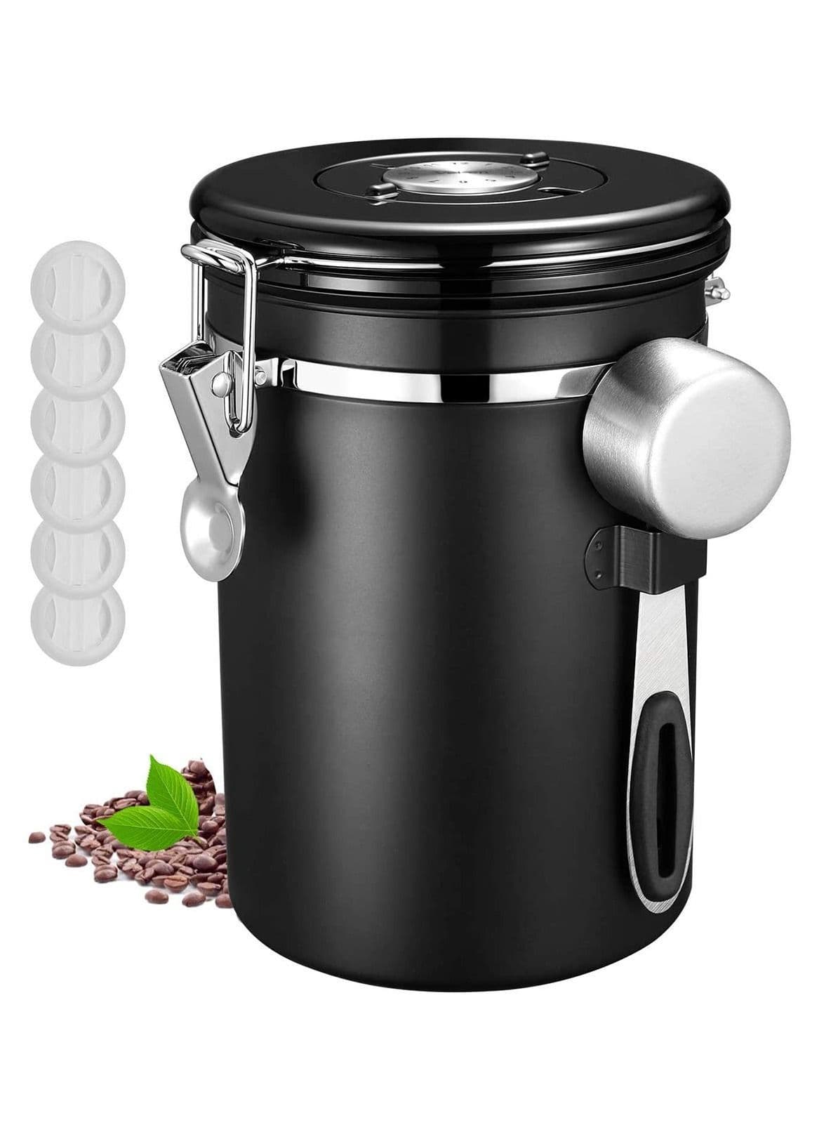 Coffee Container Airtight 624g Beans Canister Stainless Steel Vacuum Seal Storage Jar with Fresh Calendar, Black