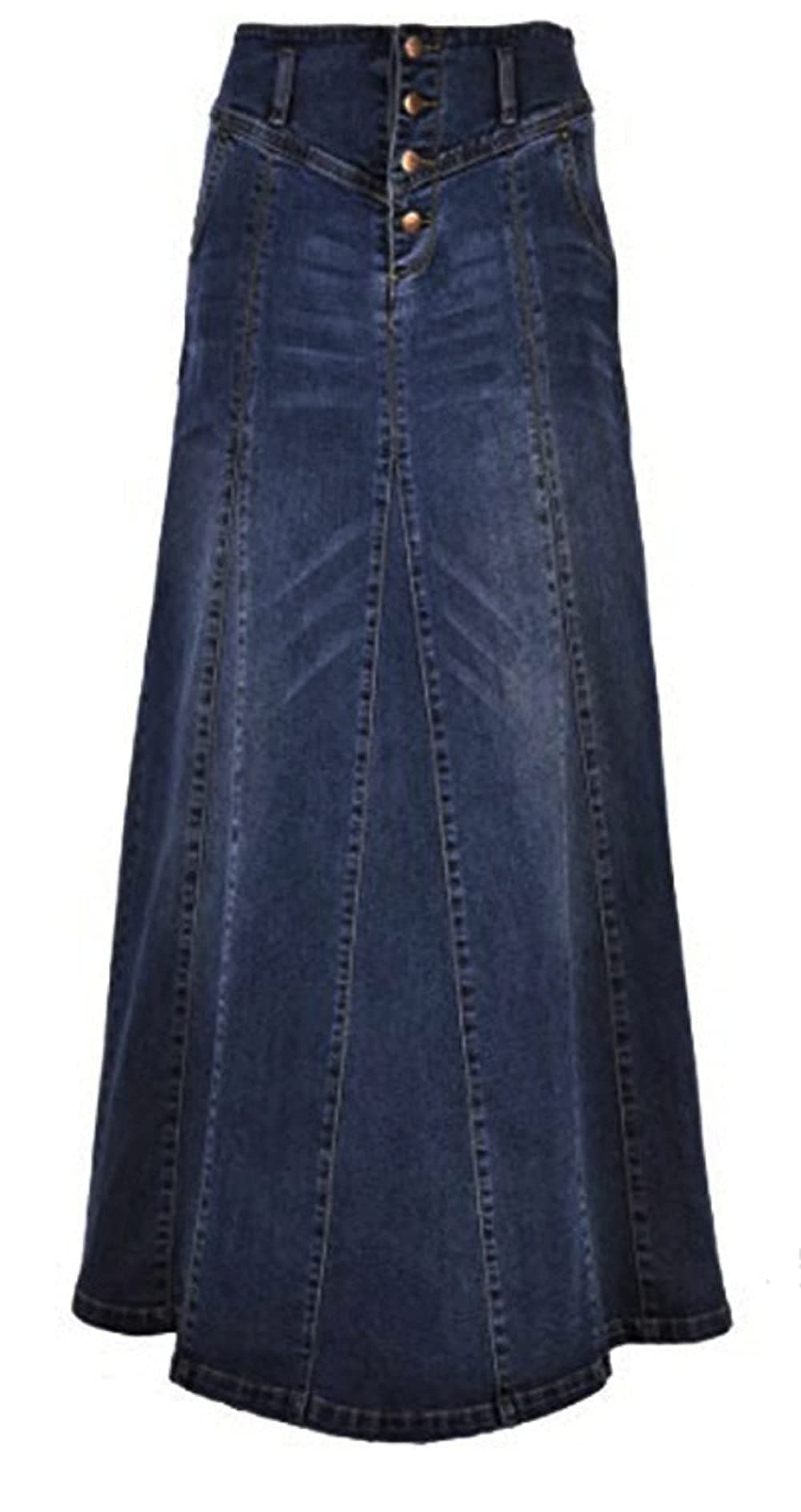 CHARTOU Women's Retro Exposure Button-Fly Packaged Hip A-Line Maxi Long Denim Skirt (Medium, Dark Blue)