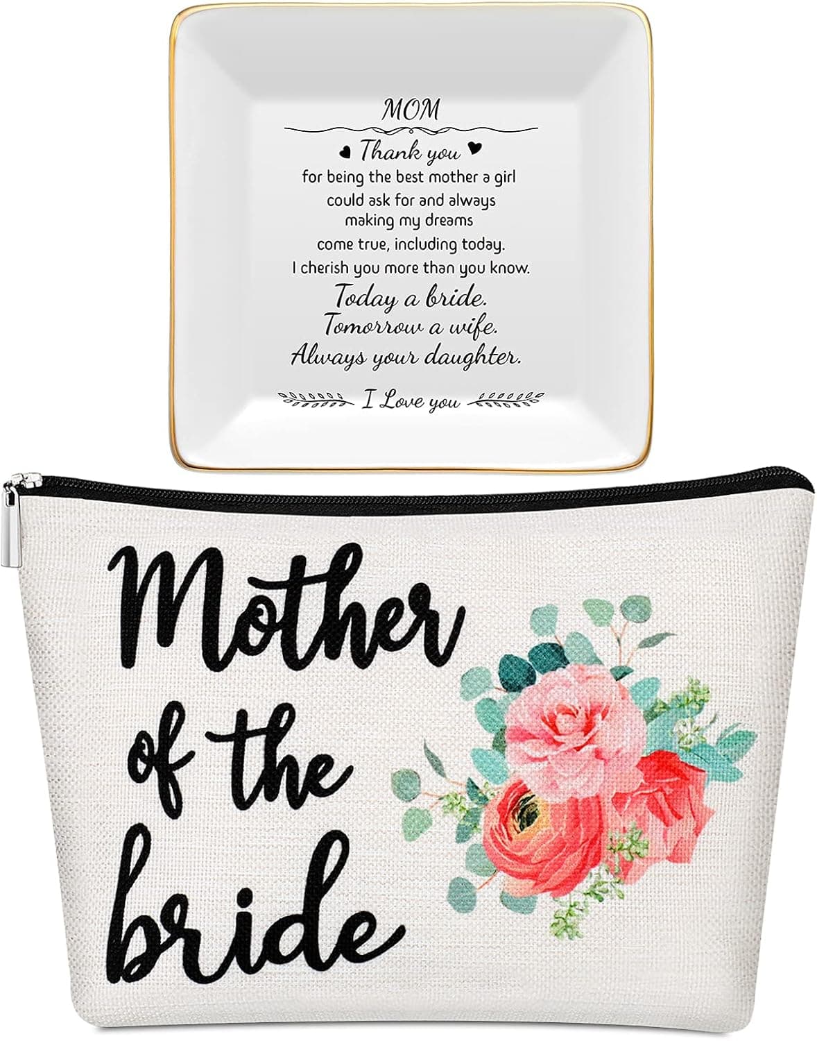 Frienda 2 Pack Mother Of The Bride Groom gifts Mother Of The Bride Groom Makeup Bags and Jewelry Dish Tray Bride Mother Gift Canvas Cosmetic Bag for Mom Wedding Gift(Mother of the Bride)