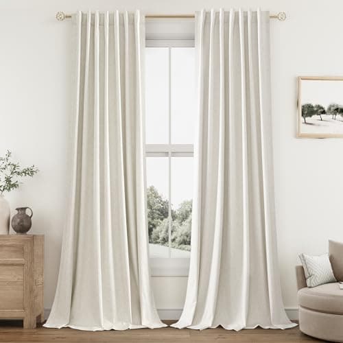 Guken Cream Linen Blackout Curtains 108 Inch Length 2 Panels Set for Living Room Bedroom Back Tab Thermal Insulated 100% Black Out Linen Drapes Room Darkening Window Curtains Ivory Natural