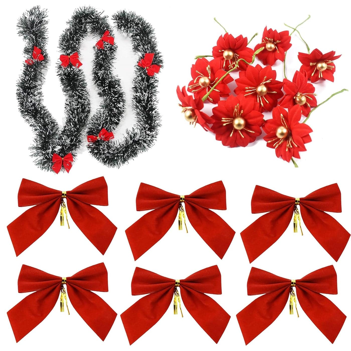 Forty Wings 2 Pcs Artifficial Dark Green Snow Garland with 12 Red Velvet Tie Bows and 6 Poinsettia Flower Christmas StringsGarlands Ribbon Ribbon for New Year Xmas Christmas and Tree Decoration 6 Ft