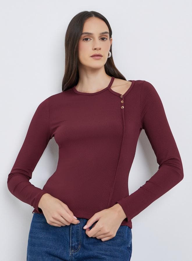 Styli Burgundy Ribbed Knit Top with Cut-Out Detail