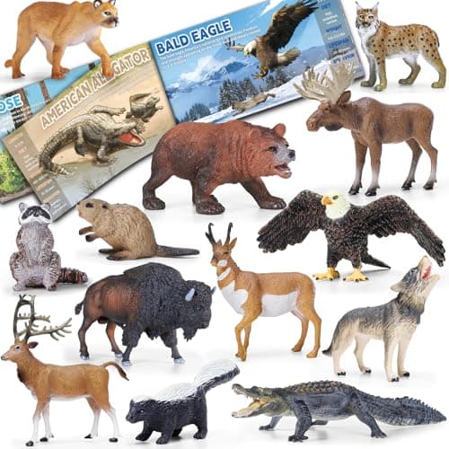 13 Pcs North American Forest Animal Figure Set with Educational Booklet and Gift Box Realistic Plastic Animals Toy for Kids Jungle Theme Party Favor Cake Topper Birthday Gift for Toddler Boy Girl