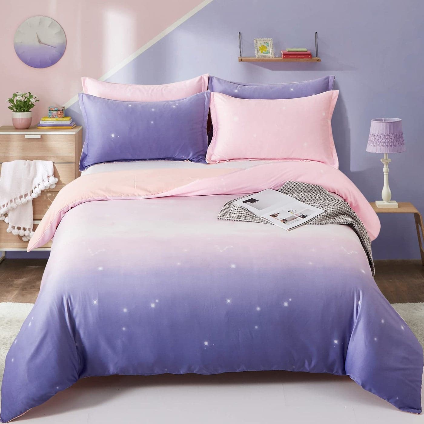 Purple Bedding Set Pink Gradient Duvet Cover Rainbow Quilt Cover Pillowcase with Zipper Closure for Kids Girls Teens Adults Single Size 135x200cm
