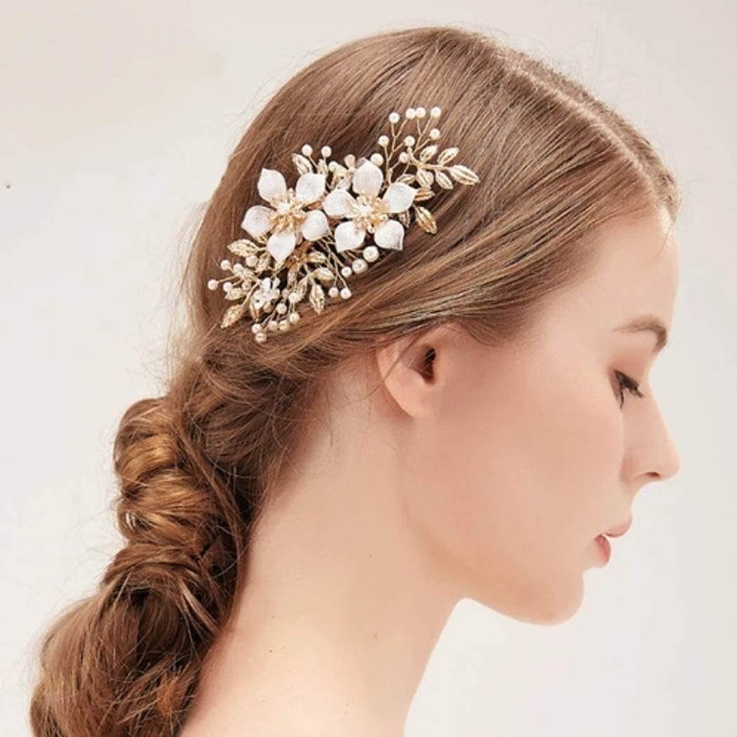 Evild Wedding Hair Comb Gold Rhinestone Flower Hair Side Comb Bridal Pearls Hair Clips Headpieces Vintage Hair Accessories for Bride and Bridesmaids