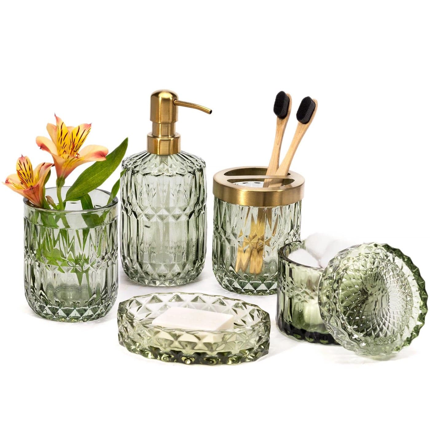 EMPO 6PCS Bathroom Clear Glass Accessories Set Lotion Soap Dispenser Soap Dish Toothbrush Holder Tumbler Cotton Swab Jar Contemporary Modern Decor Crystal Vintage Gift 6pcs Green