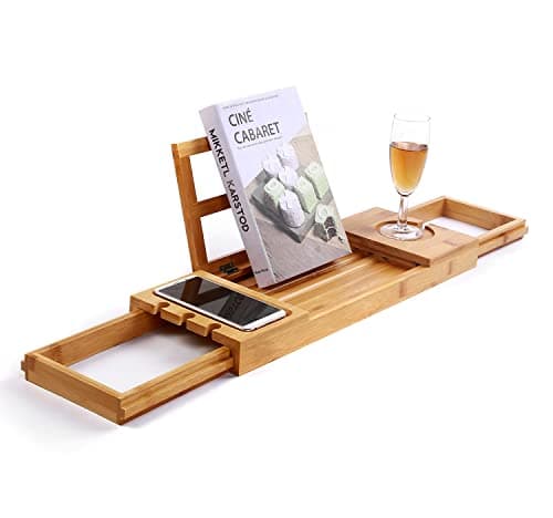 Utoplike Bamboo Bathtub Caddy Tray Bath Tray for Tub, Adjustable Bathroom Bathtub Organizer with Book Tablet Wine Glass Cup Towel Holder