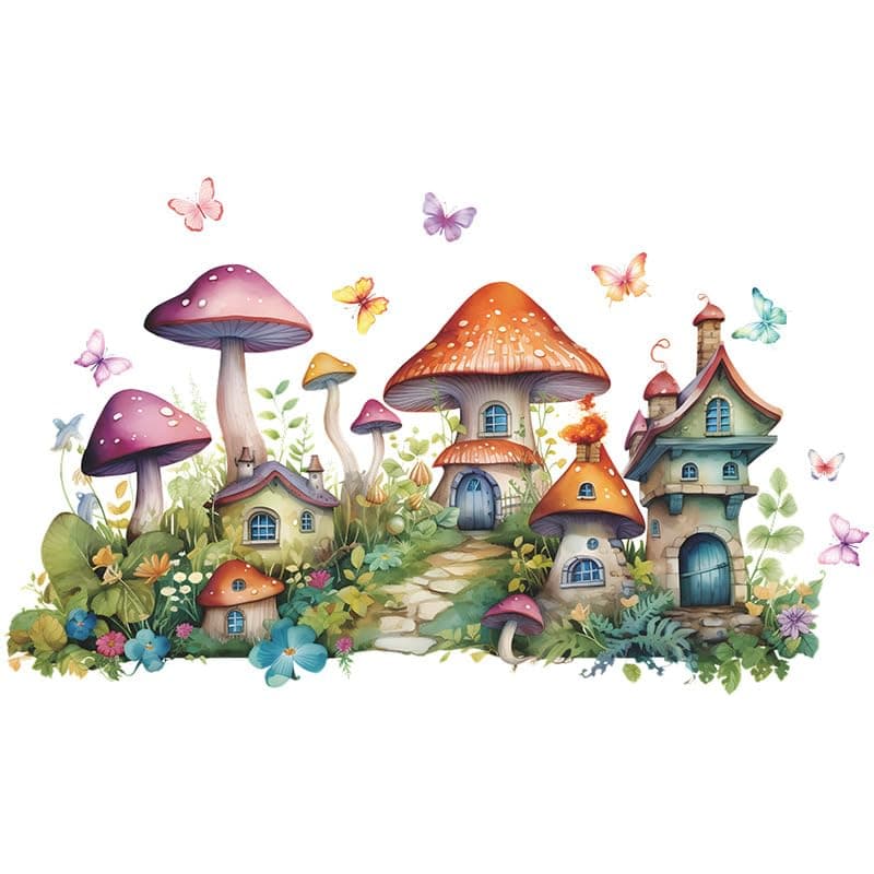 DRWSSR 2 Sheets Colorful Cartoon Mushroom House Wall Stickers Removable DIY Green Plants and Flower Wall Stickers Viny Colorful Butterfly Wall Decal for Girls Home Nursery Bedroom Bathroom Decoration