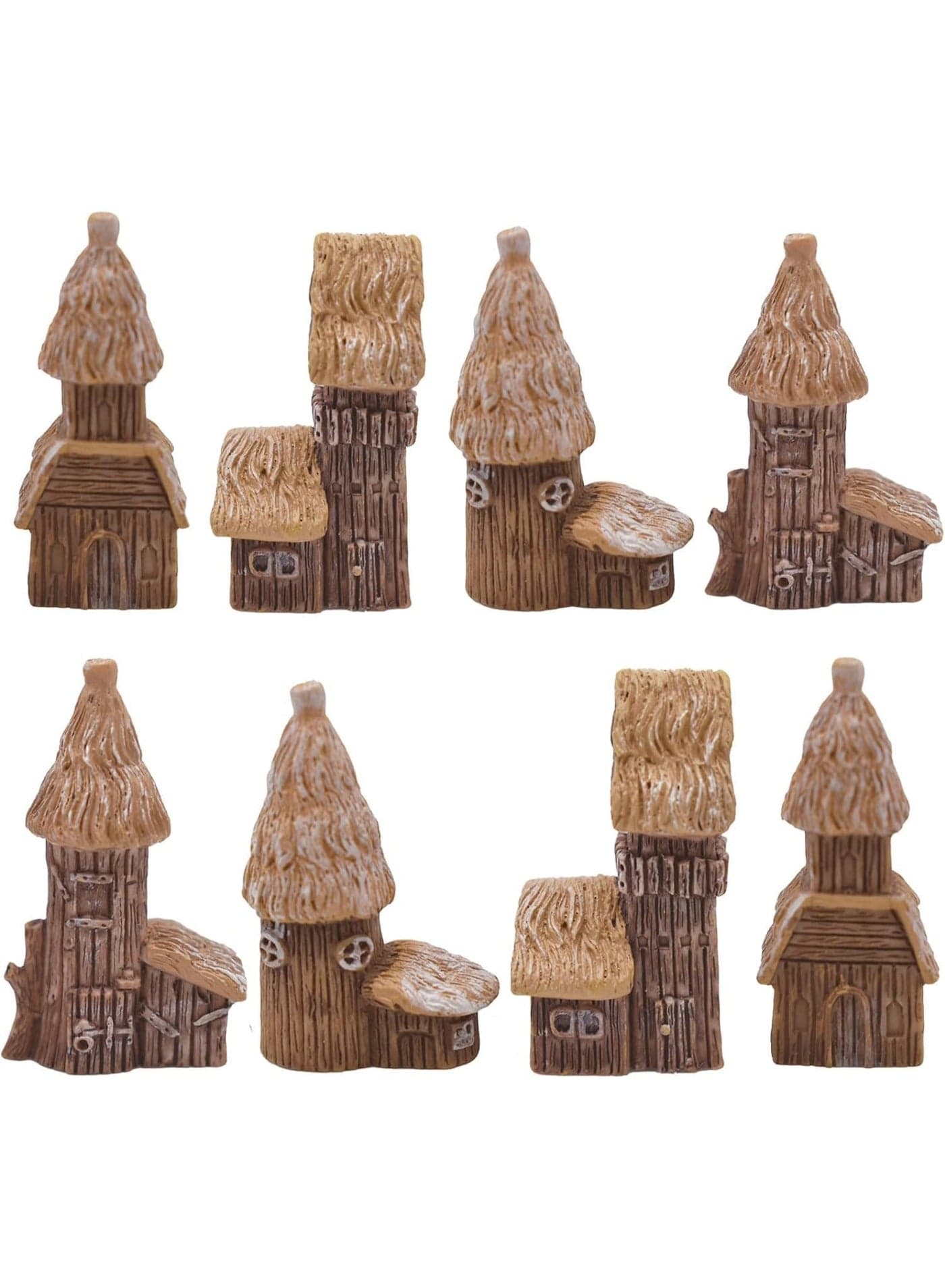 8Pcs Miniature Thatched Wooden House Figurines Mini Resin Fairy Garden Village Cottage Hut Figures for DIY Dollhouse Bonsai Terrarium Micro Landscape Decor
