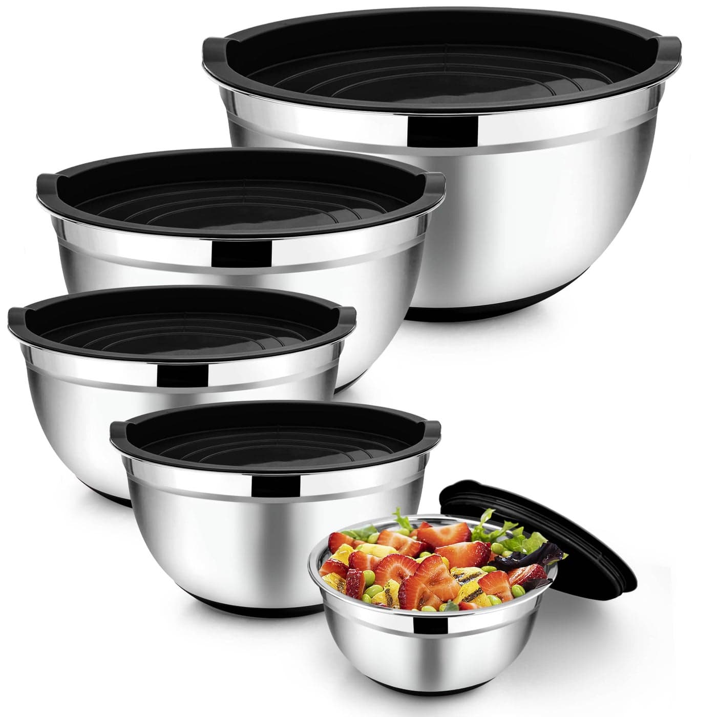 TeamFar Mixing Bowls with Lids Set 73525151 QT Stainless Steel Large Metal Salad Nesting Bowl NonSlip Silicone Bottom Airtight Lid Healthy Deep Set of 5Black