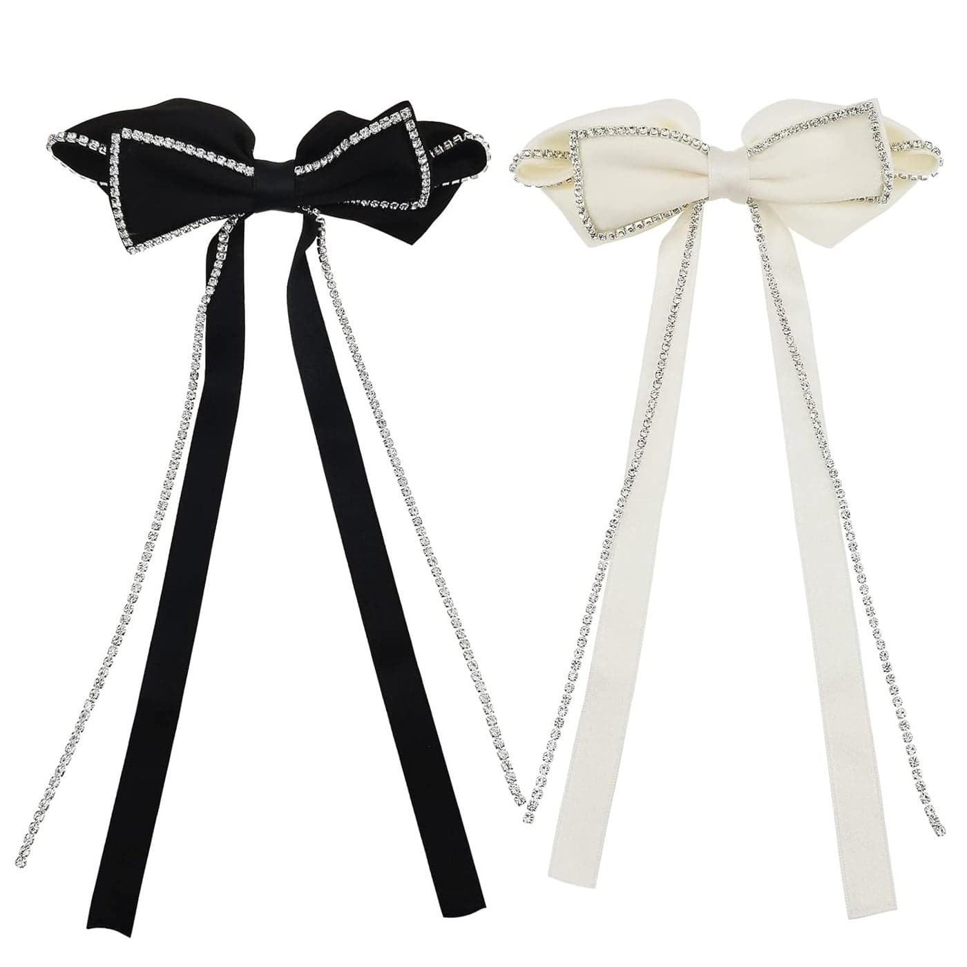 2 PACK Hair Bows Sparkly Rhinestone Tassel Hair Clips Barrettes Bowknot with Long Brocade Tassel Ribbon Claw Hair Accessories for Women and Girls Black and White
