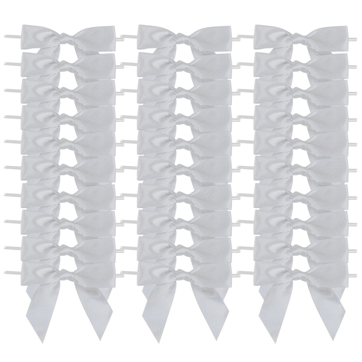 AIMUDI Silver Satin Ribbon Twist Tie Bows 35 Pretied Bows Premade Craft Bows for Treat Bags Cake Pop Gift Wrapping Basket Wedding Favors Cookie Candy Bagging Baby Shower 50 Counts