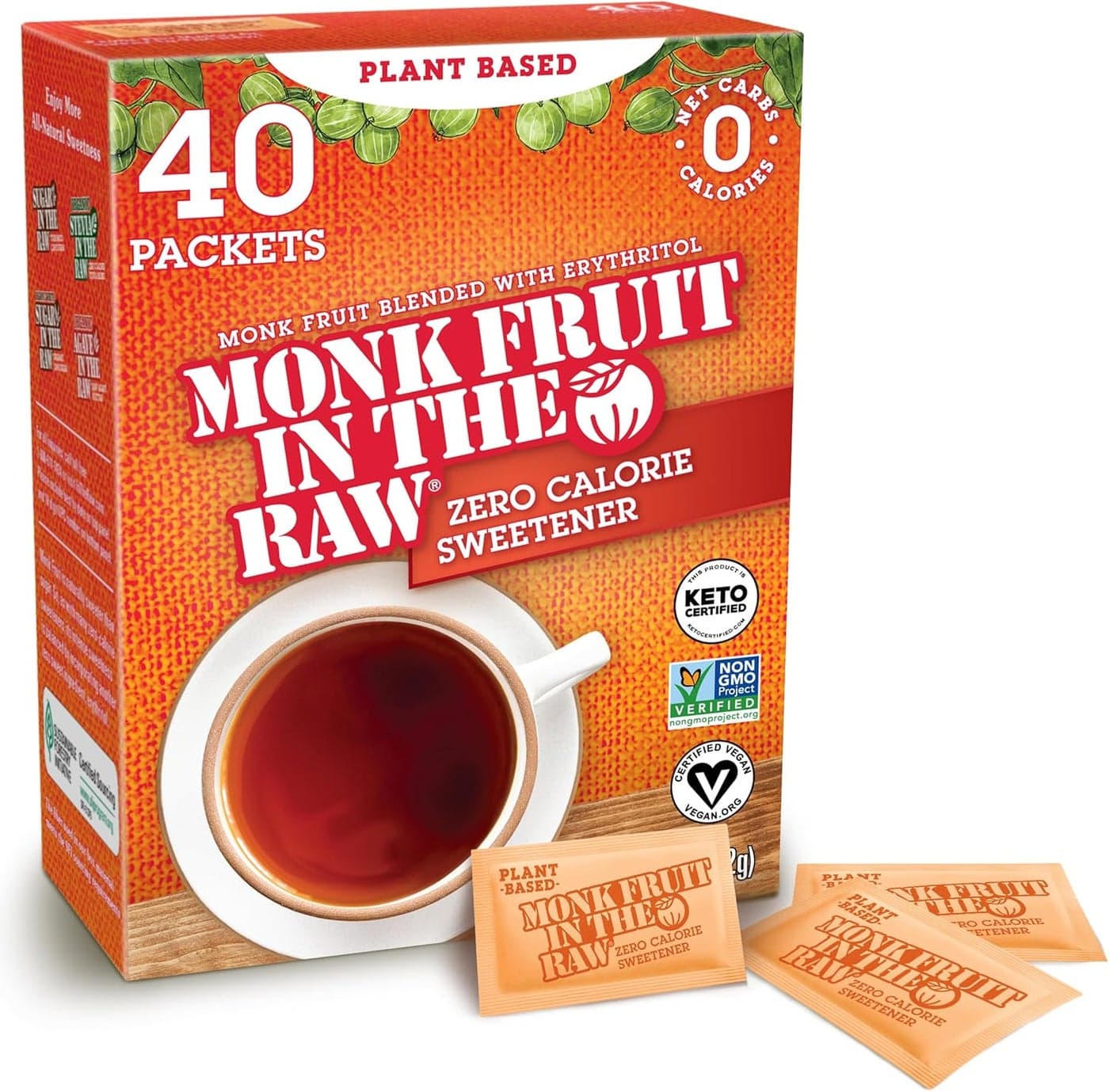 MONK FRUIT IN THE RAW Natural Monk Fruit Sweetener with Erythritol, Sugar-Free, Keto, Gluten Free, Zero Calorie, Low Carb, Vegan Sugar Substitute - 40 Packets