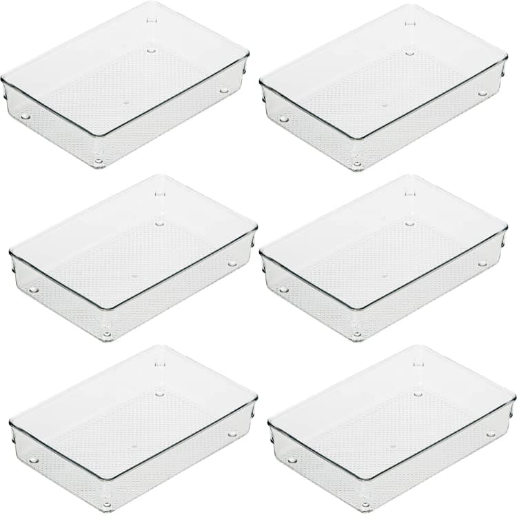 VIKIJO 4 Pcs Clear Plastic Drawer Organizers Versatile Acrylic Kitchen Drawer Organizer Stackable Bathroom Drawer Organizer Trays Storage Bins for Makeup Bathroom Kitchen and Office 96 X 64