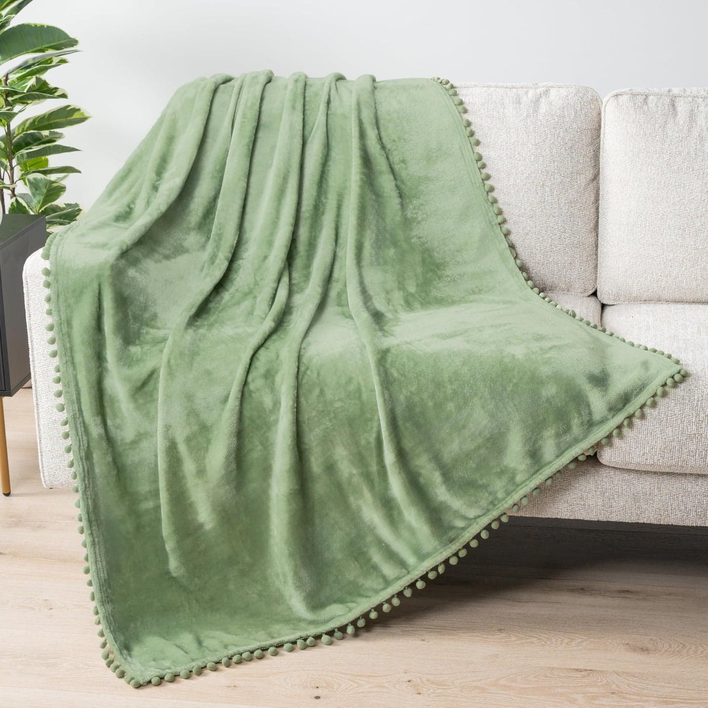 PAVILIA Fleece Throw Blanket for Couch with Pom Pom Fringe Sage Light Green Soft Cozy Fuzzy Flannel Blanket for Sofa Bed Lightweight Plush All Season Throw 50x60 Inches
