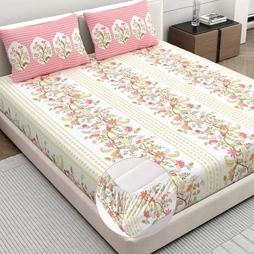 Dreamscape 100% Cotton King Fitted Floral Bedsheet With 2 Pillow Covers - (Size 72 x 78 inches, 200 TC, Colour - Pink: Rose Pink)