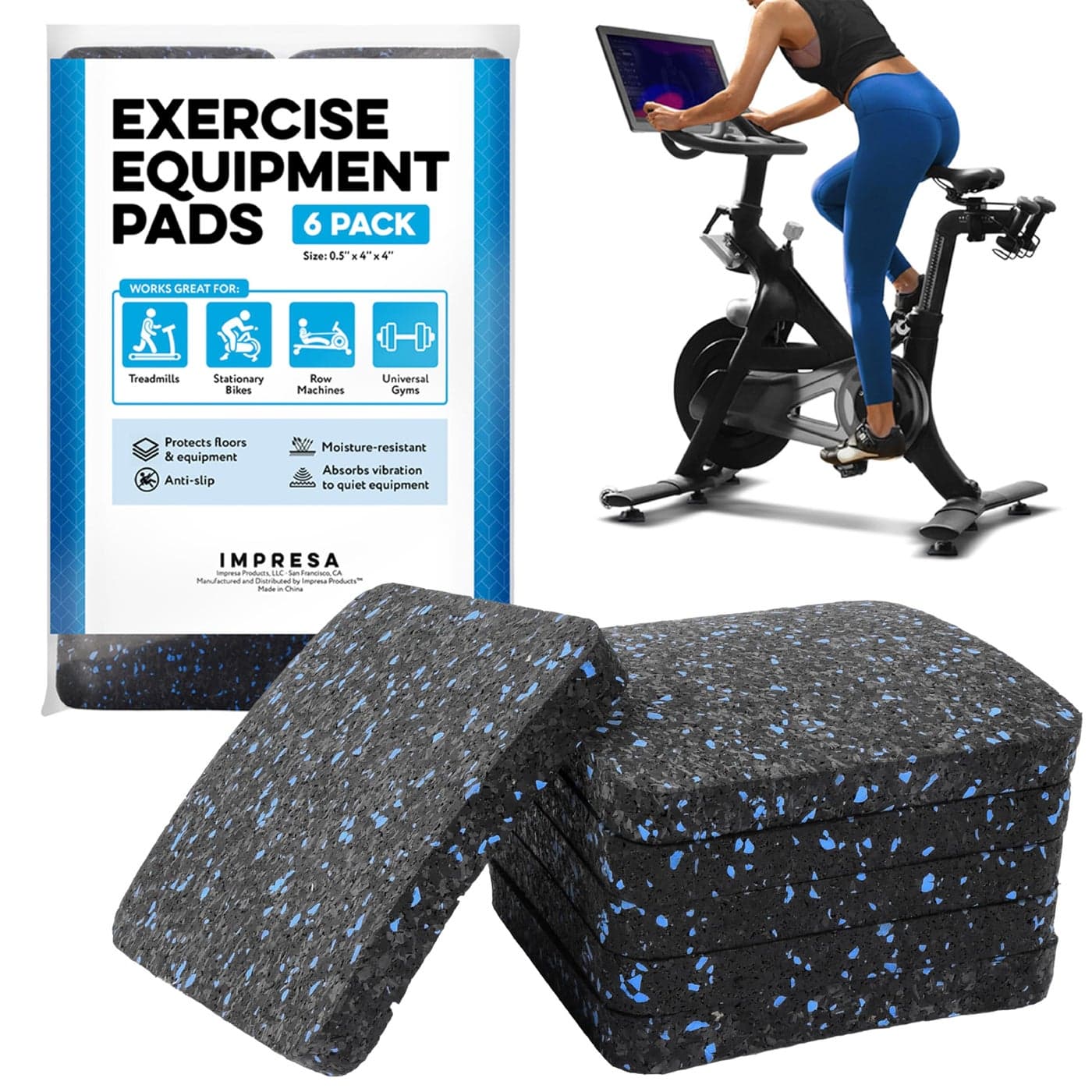 IMPRESA 6 Pack Exercise Equipment Mat 4"x 4"x 0.5" Pads - Treadmill Mat for Carpet Protection - Protective Anti-Slip Treadmill Pad for Hardwood Floors & Carpets - Home Gym Accessories- Protect Floors