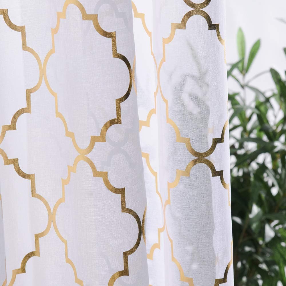 YJ YANJUN Sheer Curtains 72 inches Long Metallic Print Gold White Curtains for Living Room 52x72 inch White Gold
