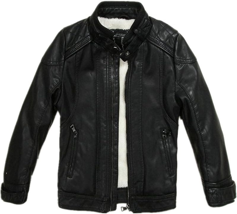LJYH Boys Black Leather Jacket with Velvet Lining, 13/14 Years
