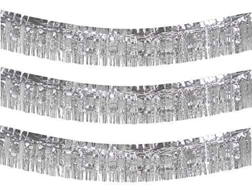 Blukey 10 Feet Long Roll Foil Fringe Garland - Pack of 3 | Shiny Metallic Tassle Banner | Ideal for Parade Floats, Bridal Shower, Wedding, Birthday | Wall Hanging Fringe Garland Banner (Silver)