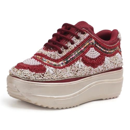 LENSBURY Women Hand Embroidery Wedding Party Bridal Floral High Heel Sneakers I Cushioned Insole I Comfortable Wear Wedge Shoes I for Ladies and Girls LBCNV4037MR-37 Maroon