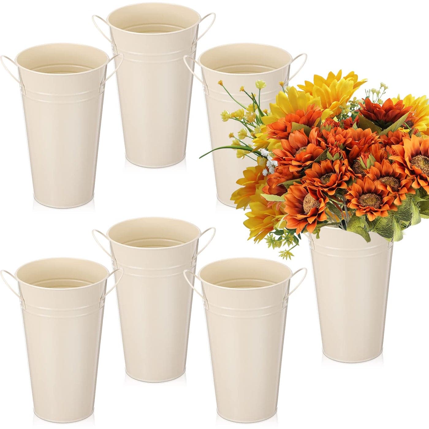 Chumia 6 Pcs Buckets Bulk Cut Flower Bar Supplies Wedding Party Centerpiece Galvanized Vase Metal Bloom Bridal Bouquet Pail with Handle French Farmhouse Rustic Floral ArrangementWhite98 Inch