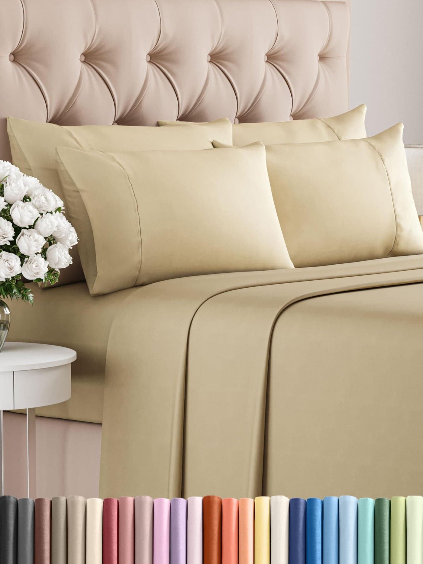 King Sheets Set 6 Piece - Includes 4 Pillowcases - Bed Sheets King Size - Soft Hotel Luxury Bedding - Cooling, Comfy, Fade Free & Breathable - 1 Flat & 1 Fitted & 4 Pillowcases w/ Deep Pockets - Beige