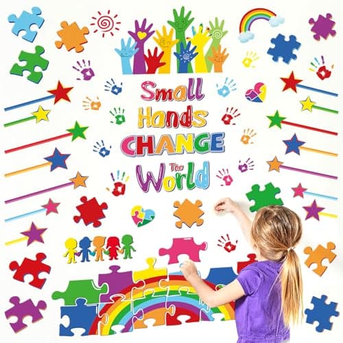 decalmile Rainbow Inspirational Quotes Wall Decals Handprint Small Hands Change The World Wall Stickers Kids Playroom School Library Classroom Wall Decor