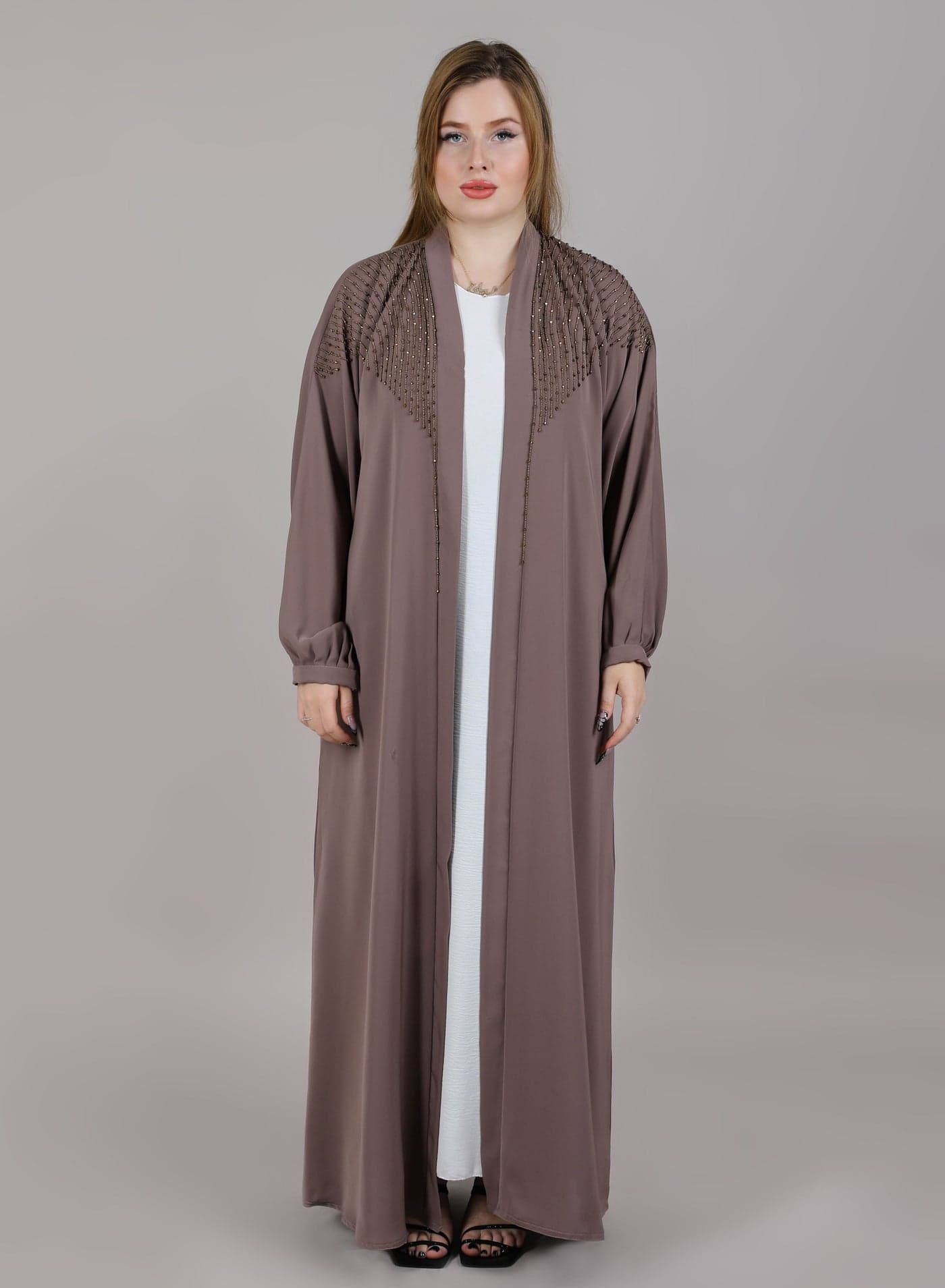 MSquare Fashion Front Embroidered Brown Korean Nida Abaya