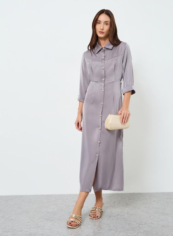 Women Grey Button Front Midi Shirt Dress