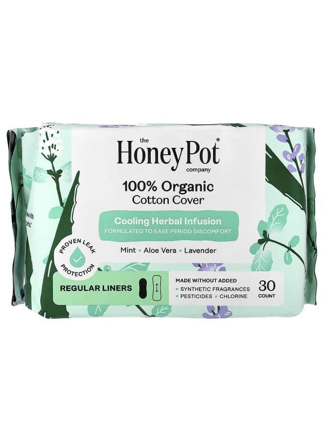 The Honey Pot Company, 100% Organic Cotton Cover, Cooling Herbal Infusion, Regular Liners, 30 Count