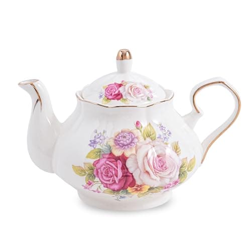 Agyiuns Flower Ceramic Teapot,22oz Porcelain Tea pot for Tea Coffee Milk for Office Home Men Women as Gift (Rose)