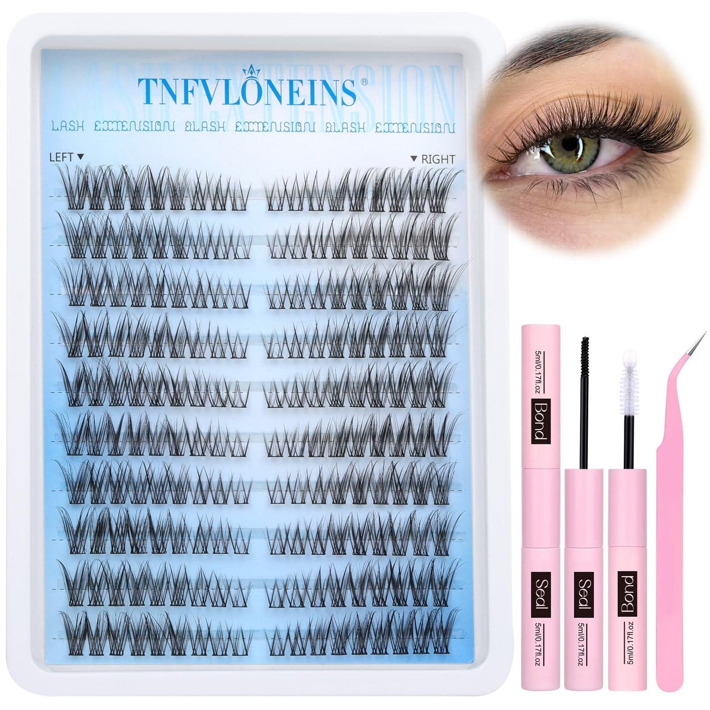 TNFVLONEINS Wispy Lash Extension Kit LeftRight Eyelash Extension Kit Natural Lash Clusters Kit 180Pcs Cluster Eyelash Extensions Kit C Curl Individual Lashes with Bond and Seal and Tweezers